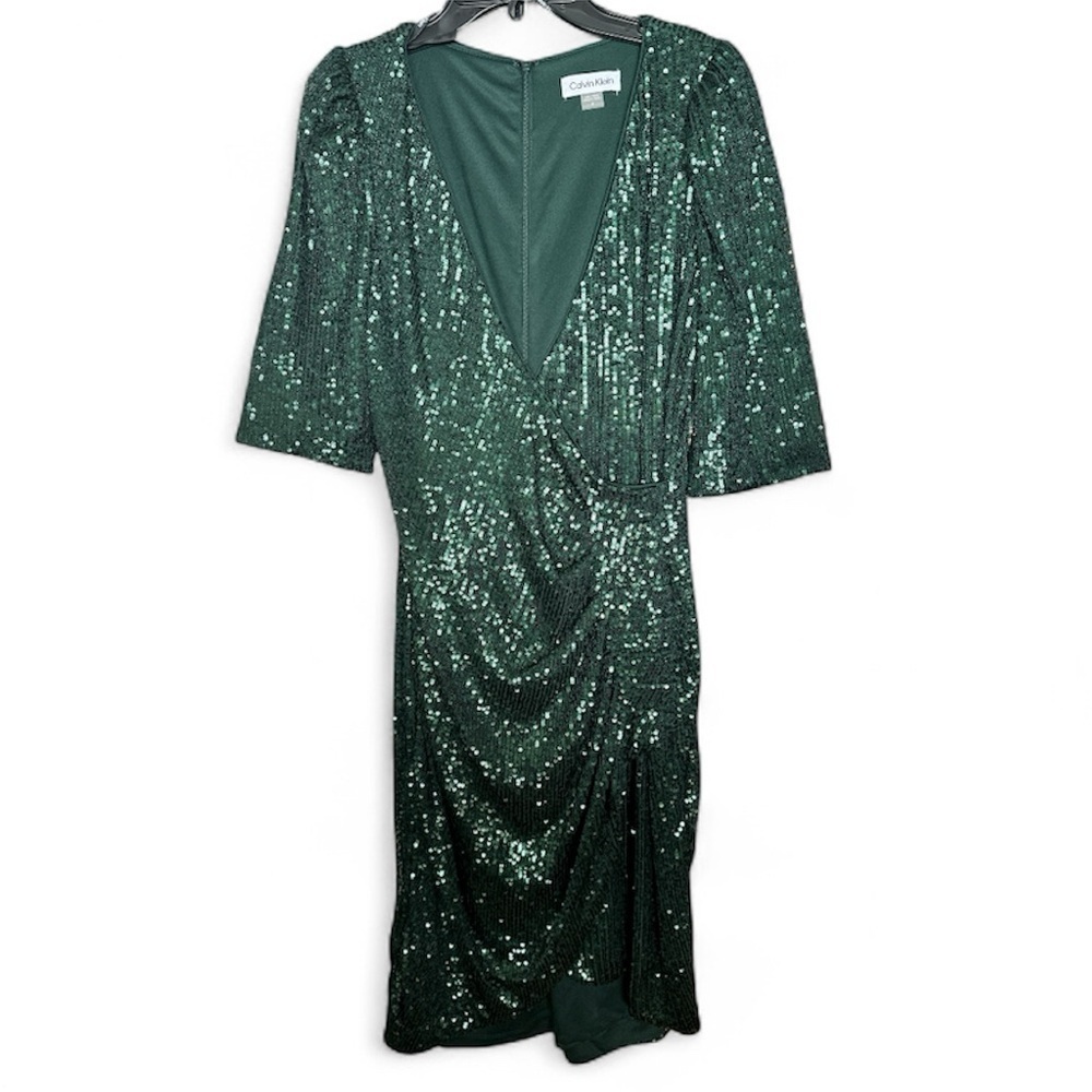 CALVIN KLEIN Green Sequins VNeck Holiday 3/4 Sleeves Dress Size 6 BNWT